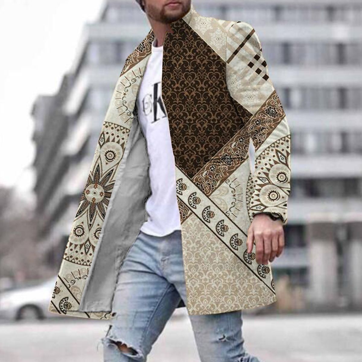 European And American New Men's Woolen Coat 3D Digital Printing Fall Lapels
