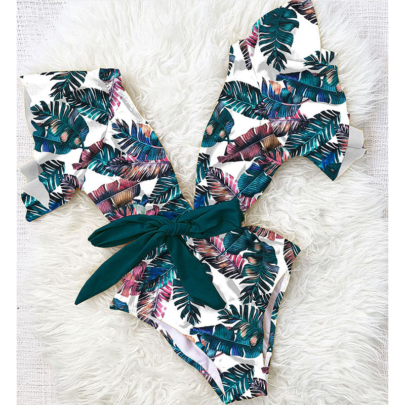 New one-piece swimsuit women wear floral tights