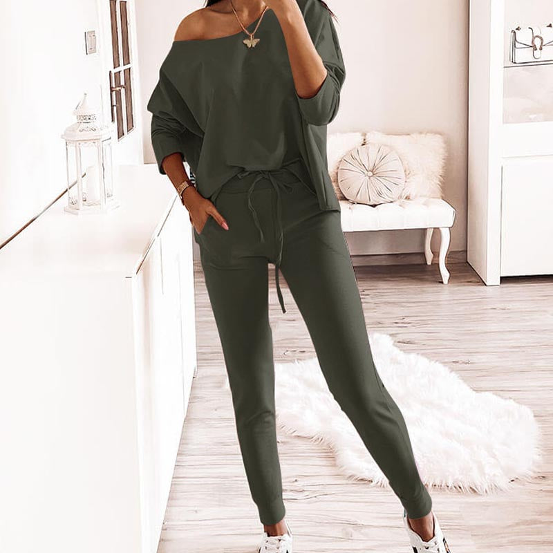 Solid Color Long Sleeve Off Shoulder 2-Piece Suit