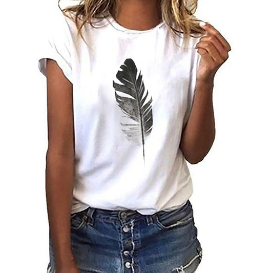 Feather Personality Print Casual Pullover Short Sleeve
