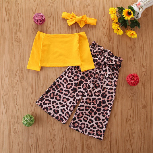 One-shoulder Yellow Long Sleeve  Leopard Print Wide Leg Pants Children's Fashion 2-Piece Set