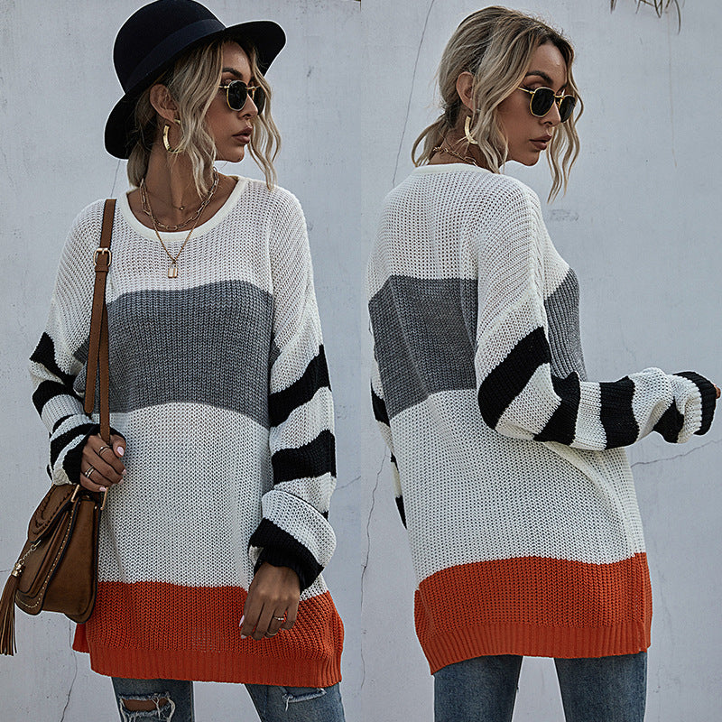 Women s Striped Round Neck Knitted Sweater