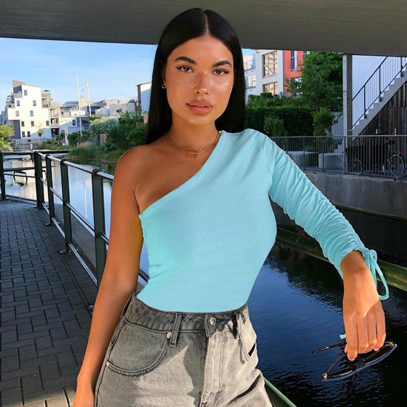 One-Shoulder Long-Sleeved Blouse For Fall 2021 New Fashion Slim Cropped T-Shirt Women