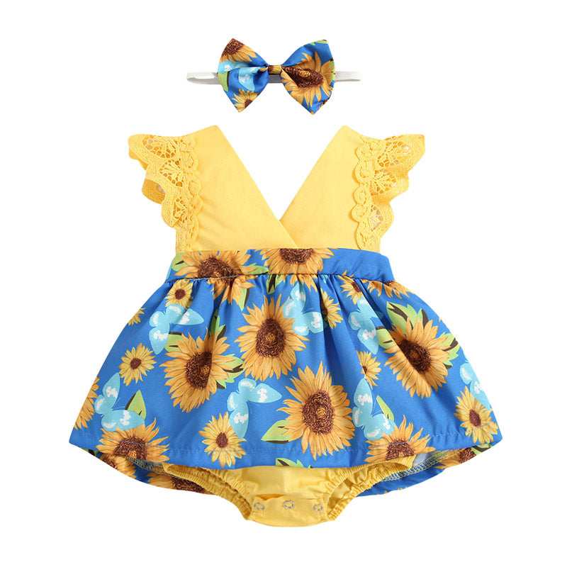 Newborn Baby Ruffled Sunflower Print Jumpsuit 2-Piece Headband Summer Dress 0-24 Months