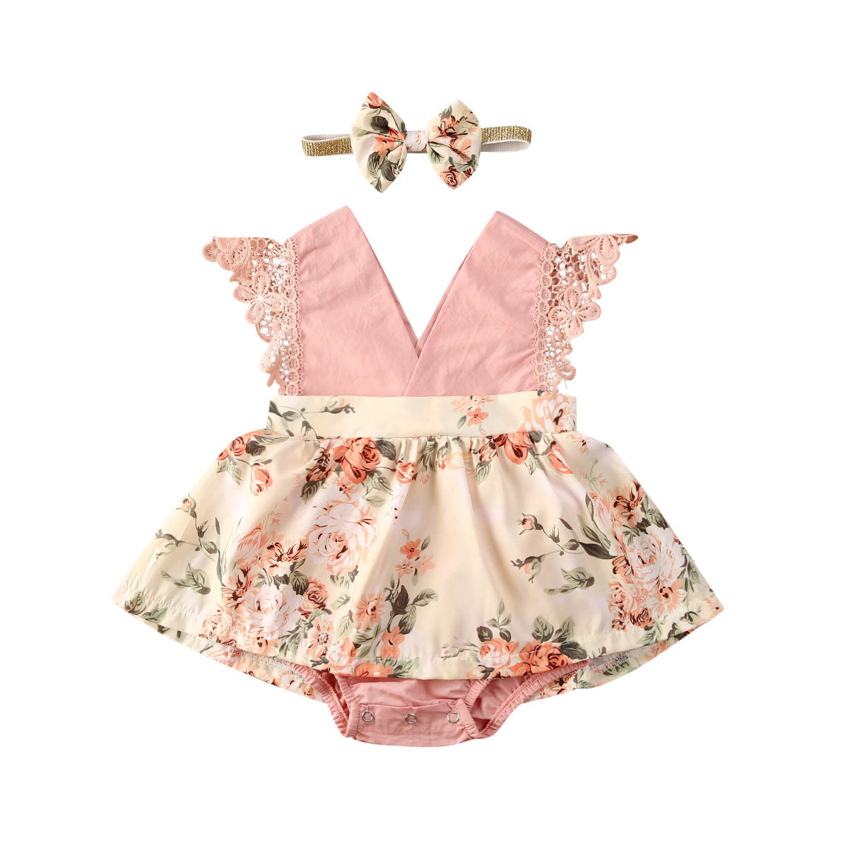 Newborn Baby Ruffled Sunflower Print Jumpsuit 2-Piece Headband Summer Dress 0-24 Months