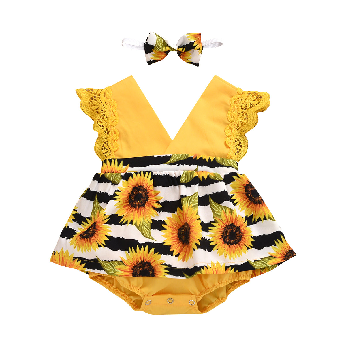 Newborn Baby Ruffled Sunflower Print Jumpsuit 2-Piece Headband Summer Dress 0-24 Months