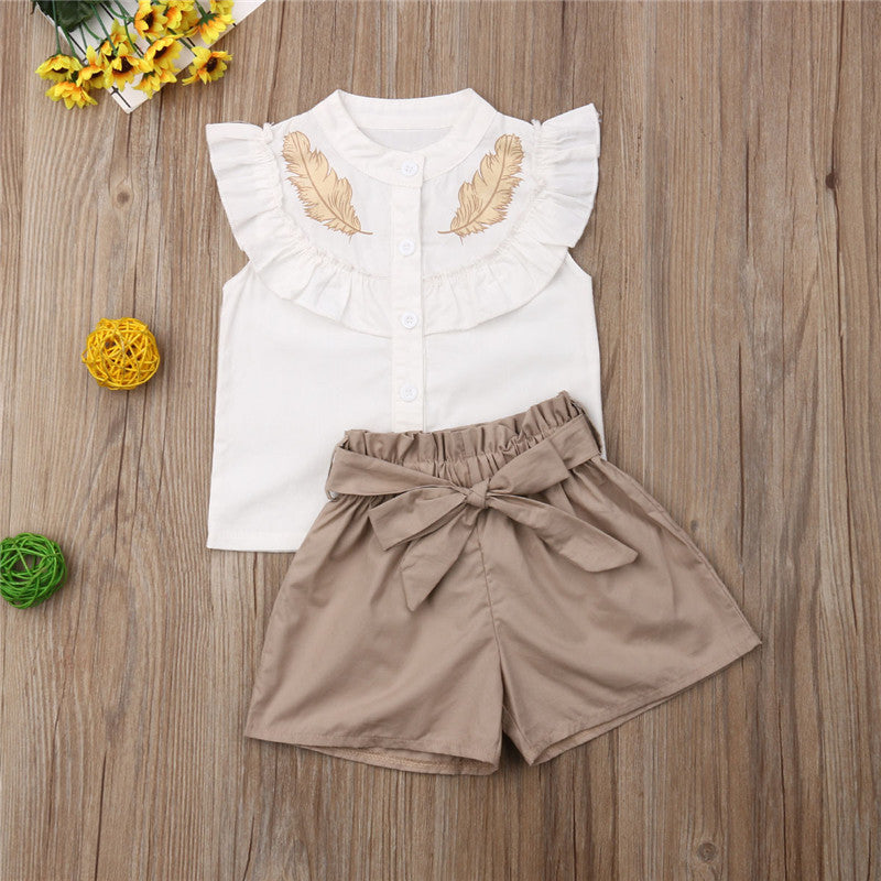 New girls' suit children's leaf print lotus collar shorts belt 2-piece set