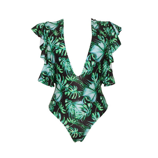 Summer One-Piece Swimsuit Women Triangle Lace Printing Retro