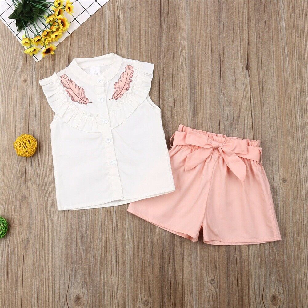 New girls' suit children's leaf print lotus collar shorts belt 2-piece set