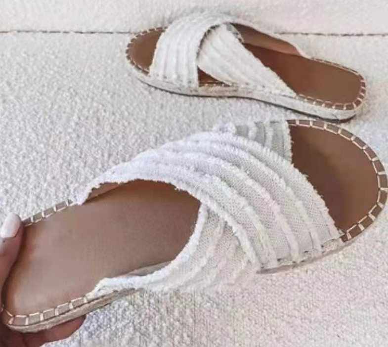 Flat Toe Tassel Plus Size Sandals Women One Word Flat Cross Slippers Women