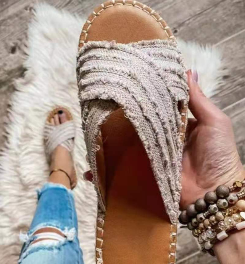 Flat Toe Tassel Plus Size Sandals Women One Word Flat Cross Slippers Women