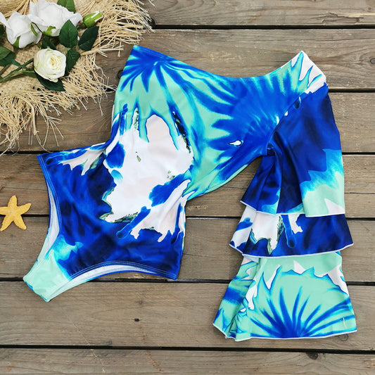 One-shoulder Long-sleeved Flashing One-piece Swimsuit Women High Waist Printed Tie-dye