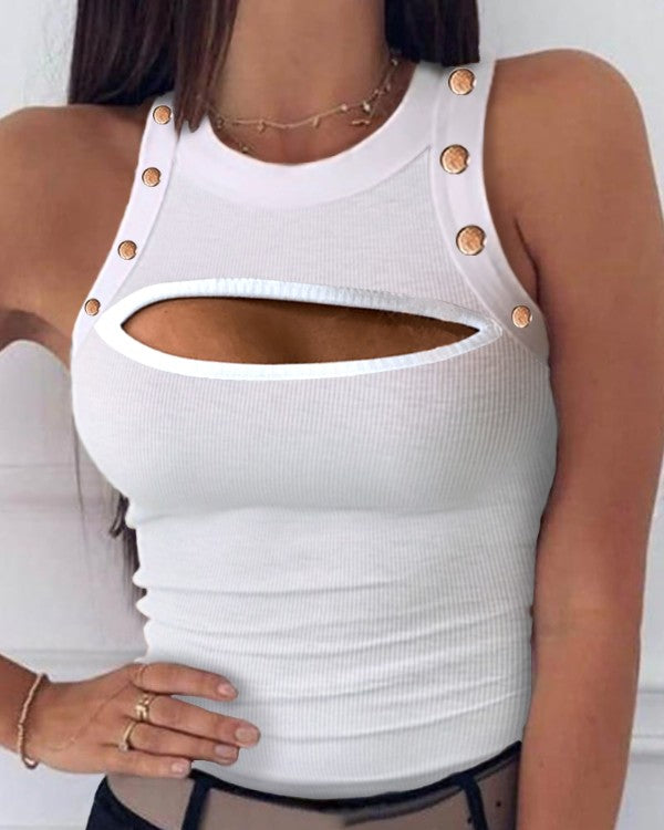 Solid Cut Out Design Round Neck Tank Top