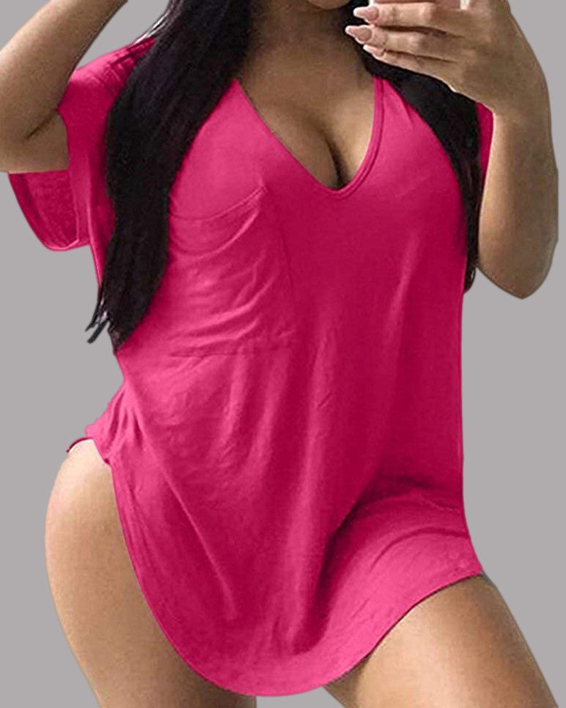 Solid Color V-neck Plus Size T-shirt In Stock