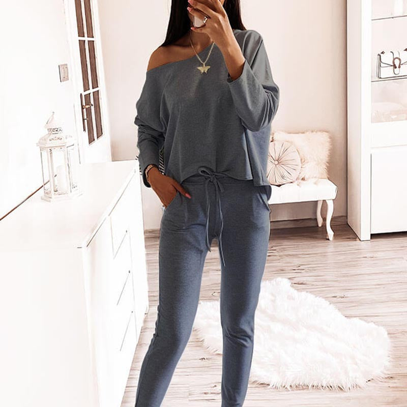 Solid Color Long Sleeve Off Shoulder 2-Piece Suit