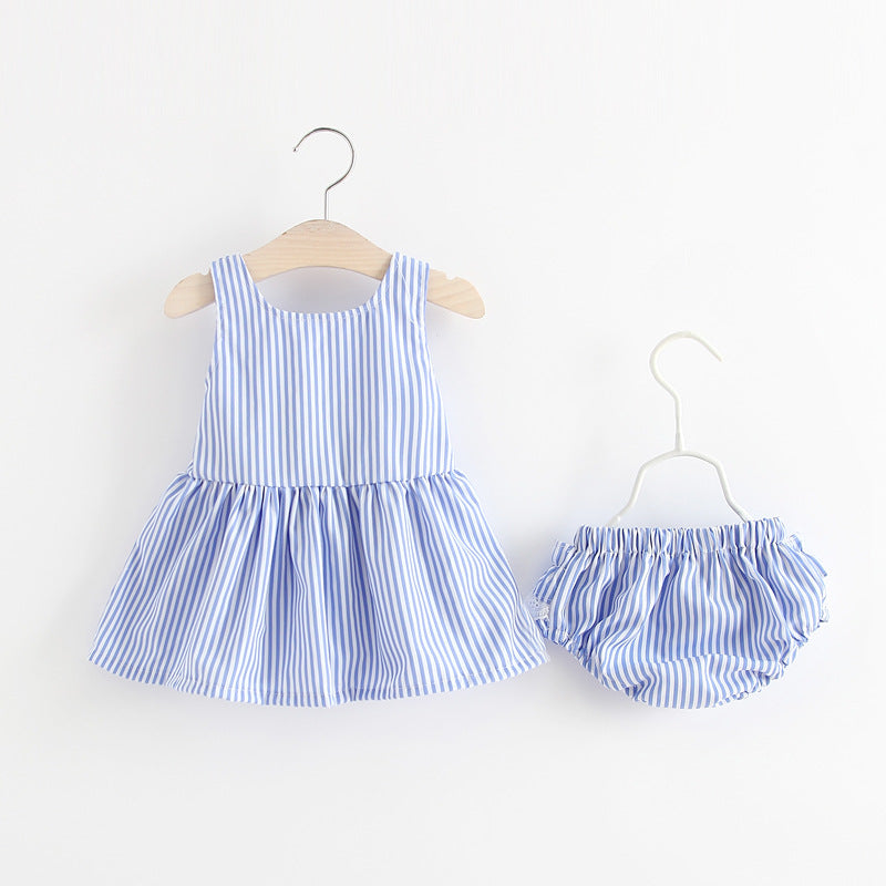 Striped suspender skirt + shorts 2 piece set