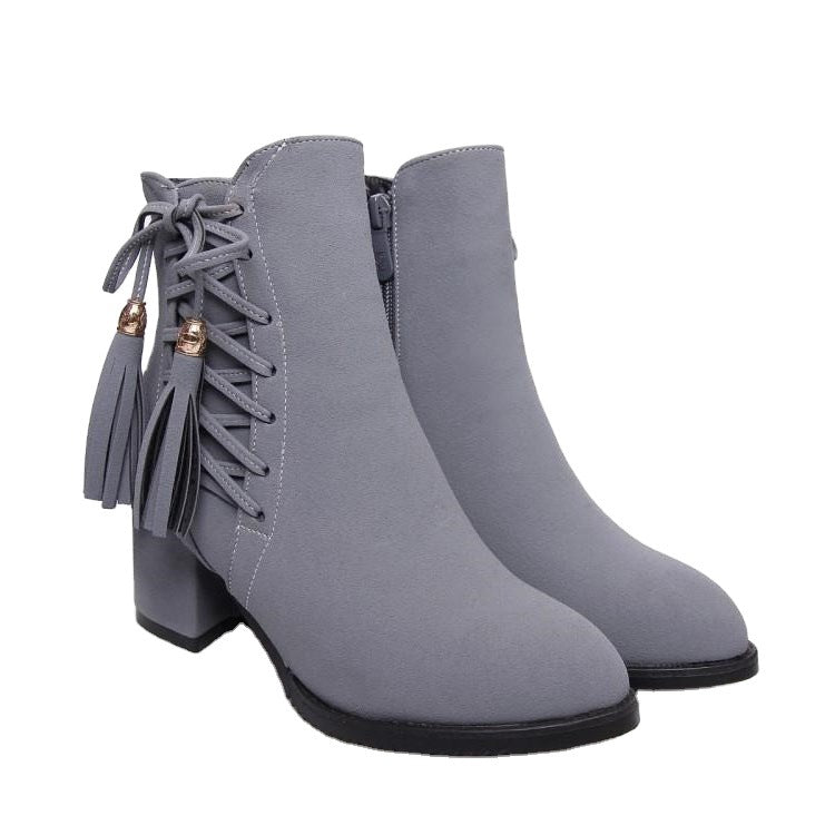 Short boots girls high heels thick heel fringed boots