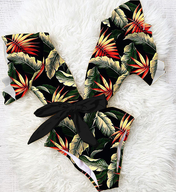 New one-piece swimsuit women wear floral tights