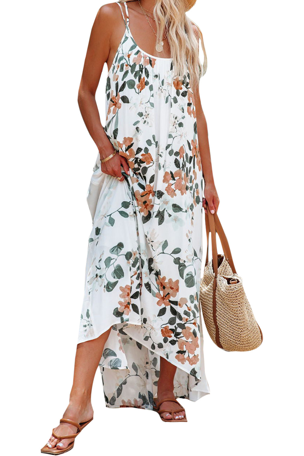 White Floral Print Spaghetti Straps Maxi Dress