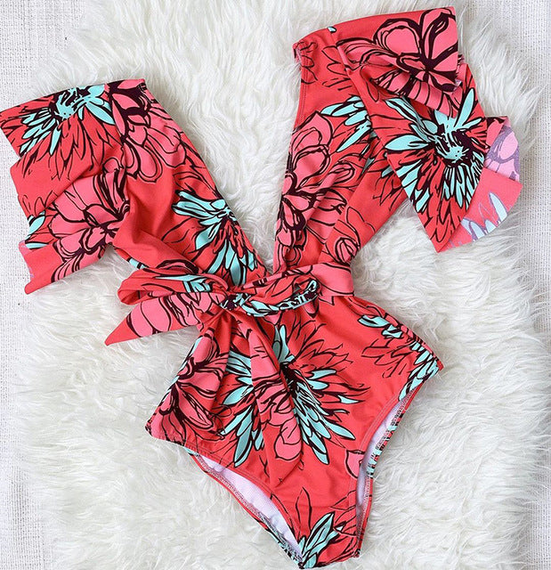 New one-piece swimsuit women wear floral tights