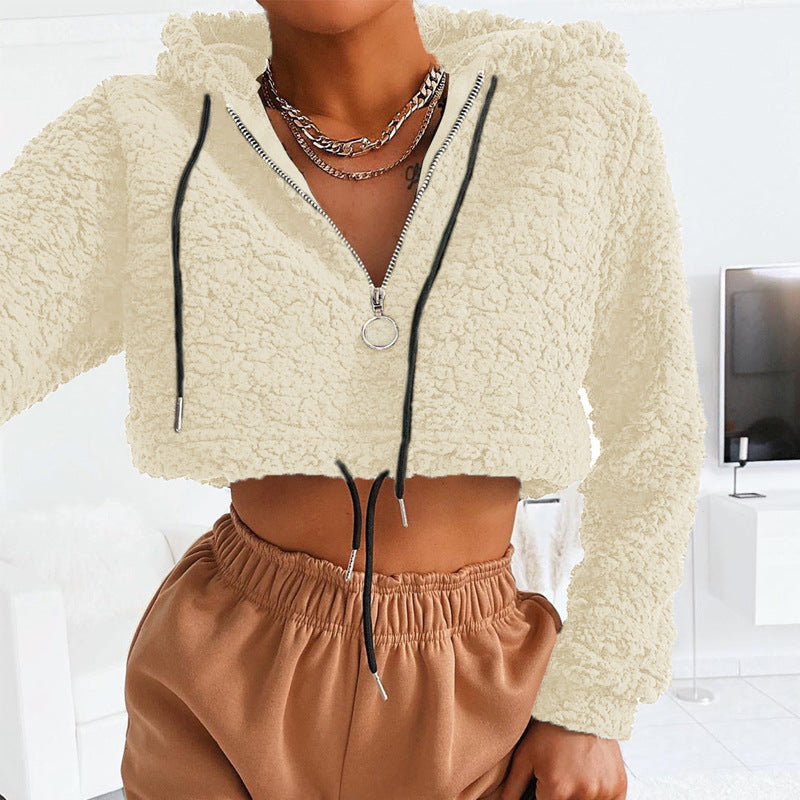 Hoodie Lambswool Teddy Faux Fur Sweatshirt Long Sleeve Zip Up Crop Top Women Winter Fall Clothes Cute Streetwear