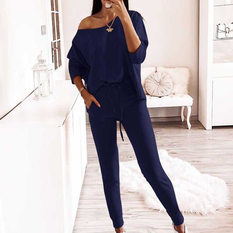 Solid Color Long Sleeve Off Shoulder 2-Piece Suit