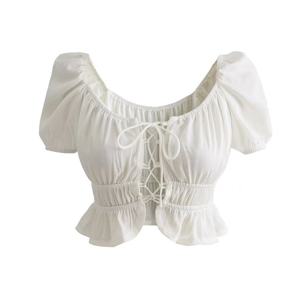 Ruffled Waist French Retro Princess Puff Sleeve Crop Top