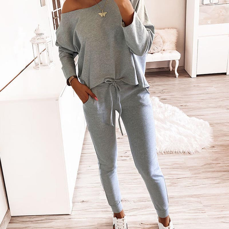 Solid Color Long Sleeve Off Shoulder 2-Piece Suit