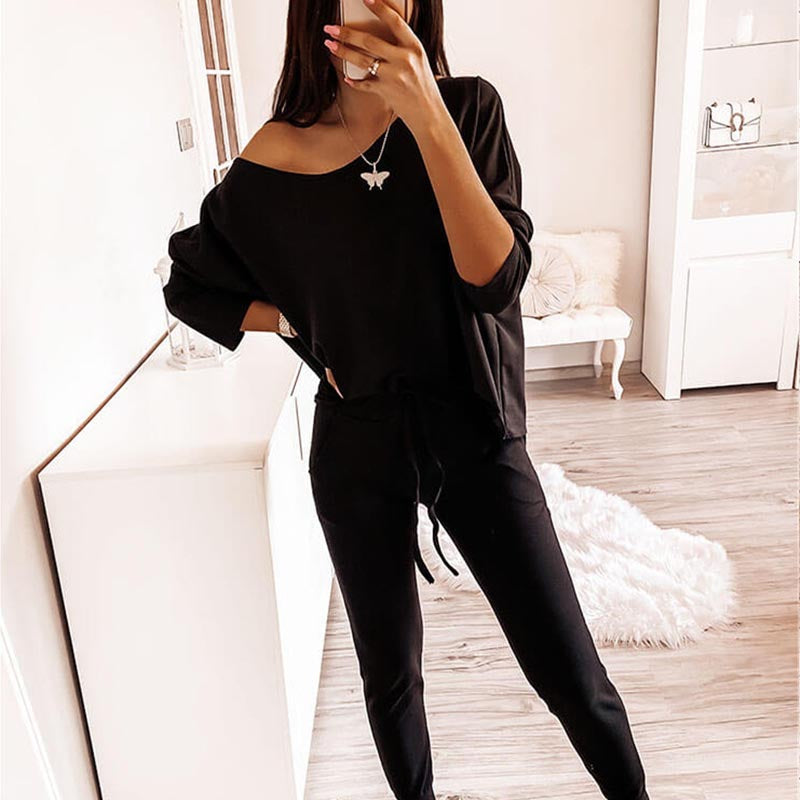 Solid Color Long Sleeve Off Shoulder 2-Piece Suit