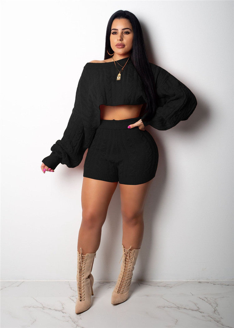 Women Chic Two Piece Set Knitted Crop Pullovers Sweater