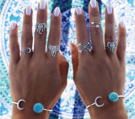 Turquoise Moon Arrow Elephant Joint Ring 6 Piece Set Ring Set Women