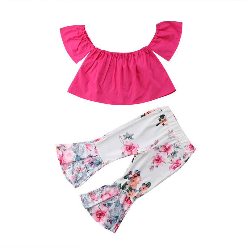 Girls' Flying Sleeves One-shoulder Blouse And Flower Trousers 2-piece Set