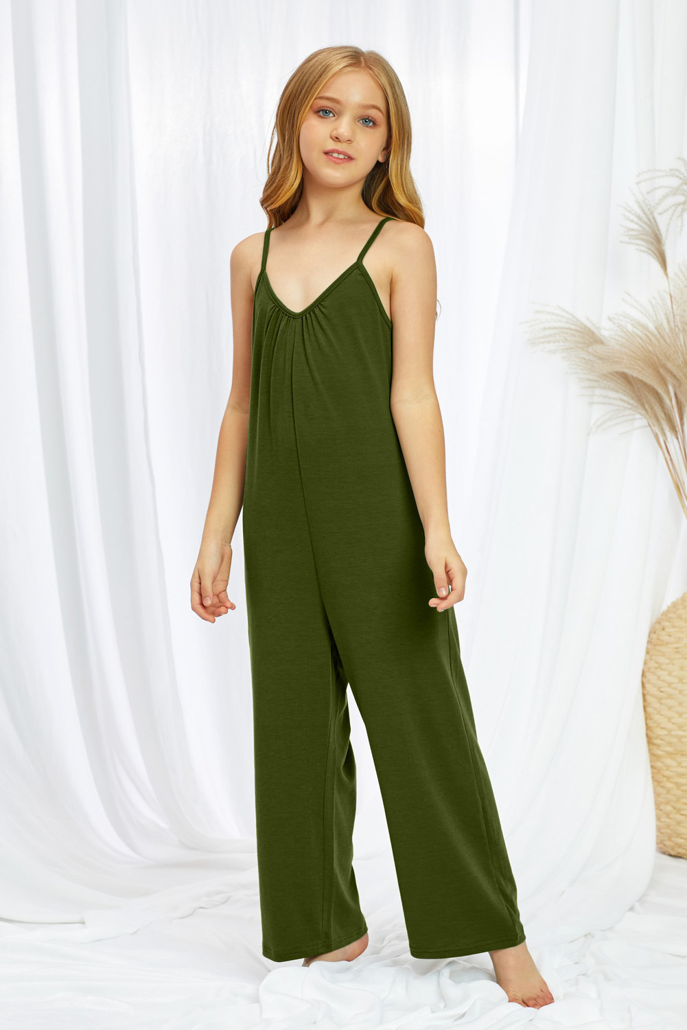 Green Spaghetti Strap Wide Leg Girl's Jumpsuit With Pocket