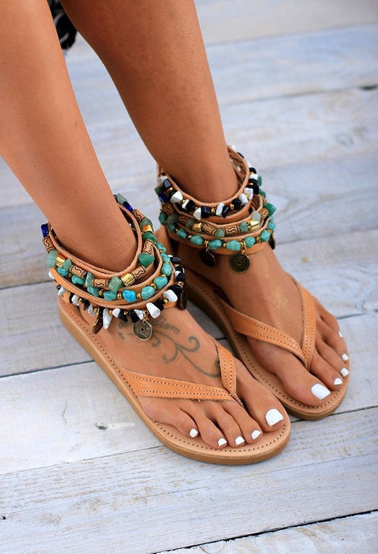 Roman style summer clipped toe beaded hollow flat sandals women