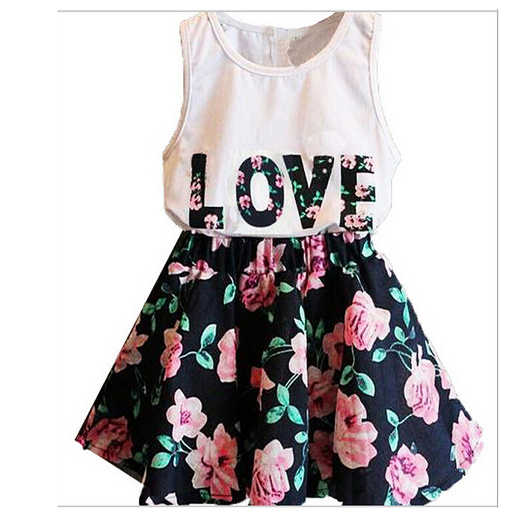 Girls Alphabet Flower Sleeveless Vest  Floral Short Skirt 2-Piece Set