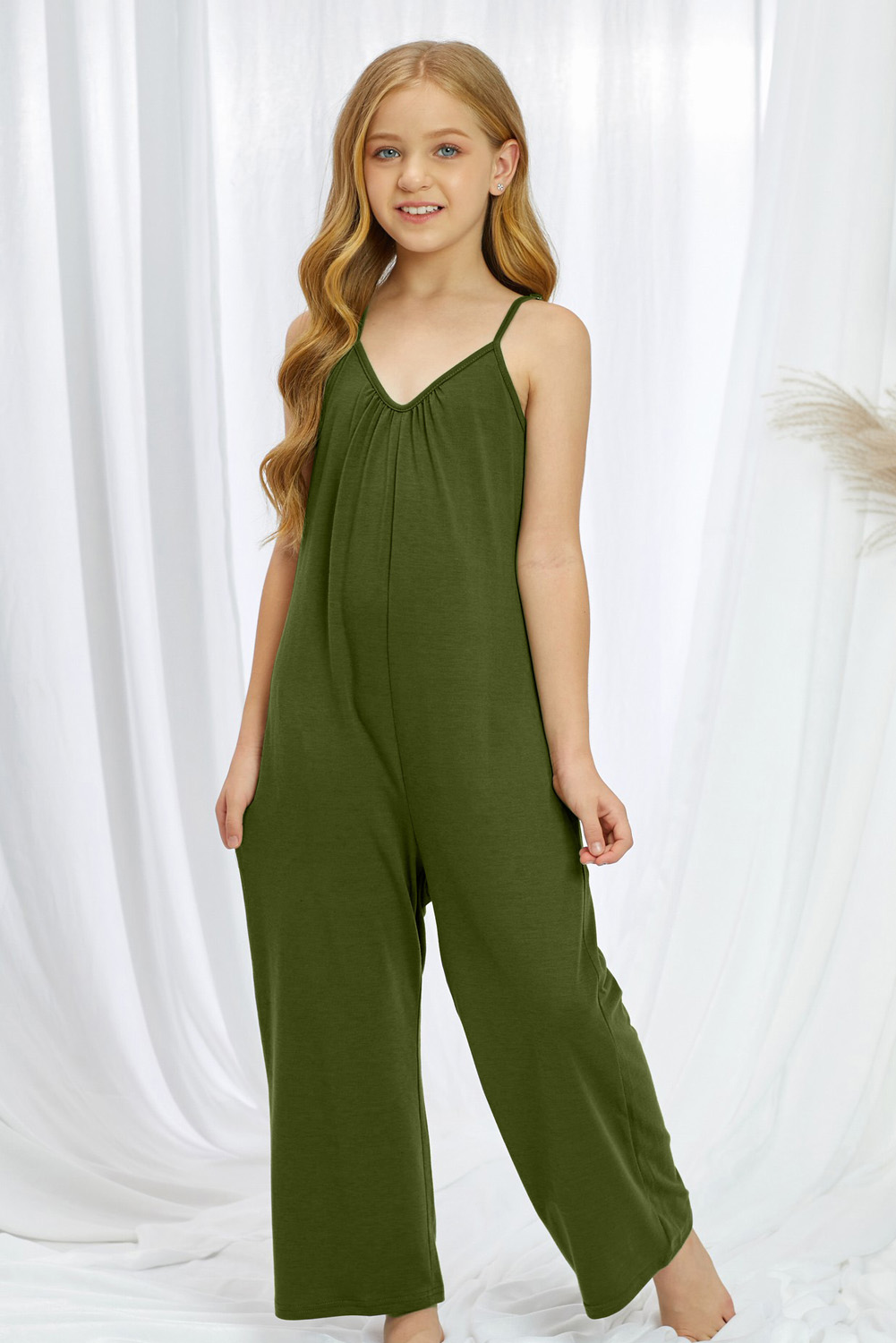 Green Spaghetti Strap Wide Leg Girl's Jumpsuit With Pocket