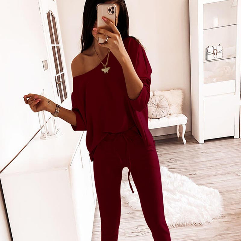 Solid Color Long Sleeve Off Shoulder 2-Piece Suit