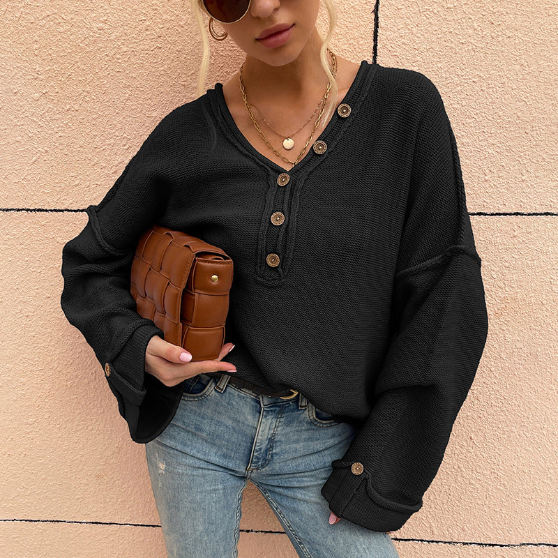 Reverse Button V-neck Sweater Blouse