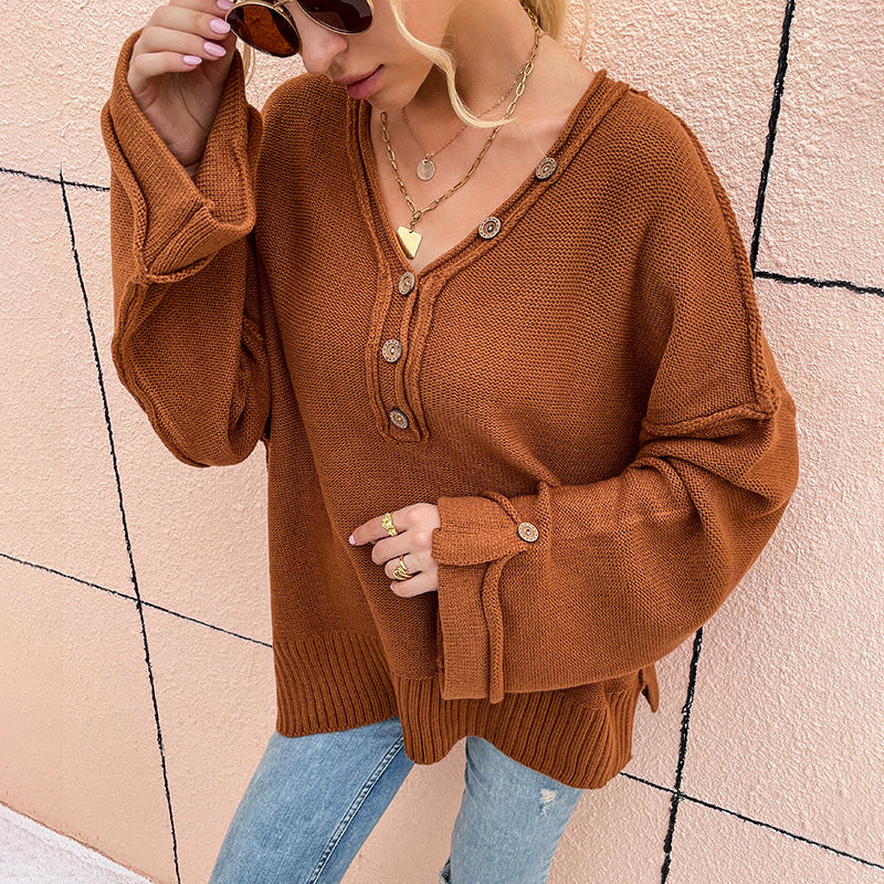 Reverse Button V-neck Sweater Blouse