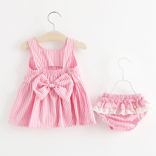 Striped suspender skirt + shorts 2 piece set