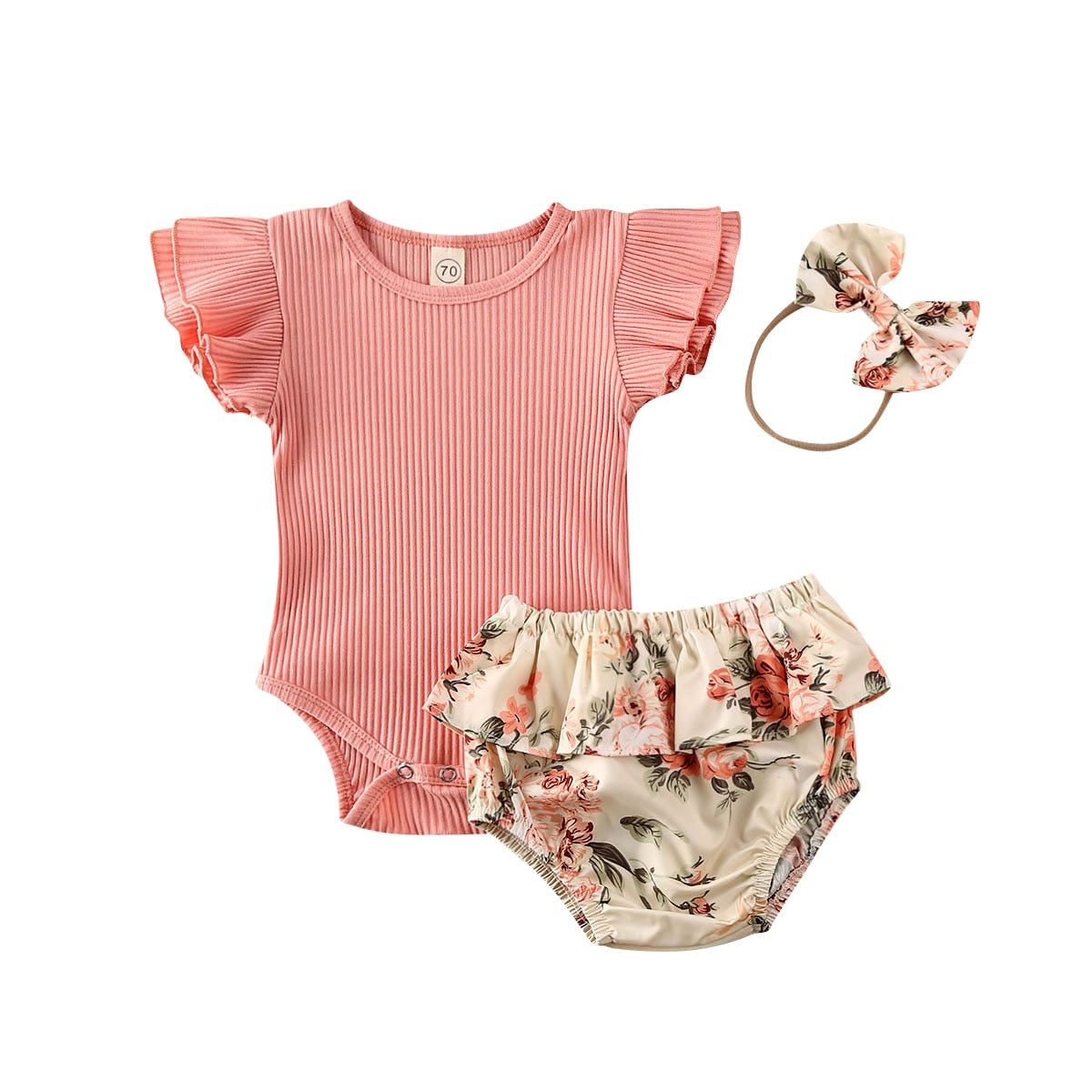 Summer Ruffled Ribbed Bodysuit Floral Shorts Headband 3Pcs Set