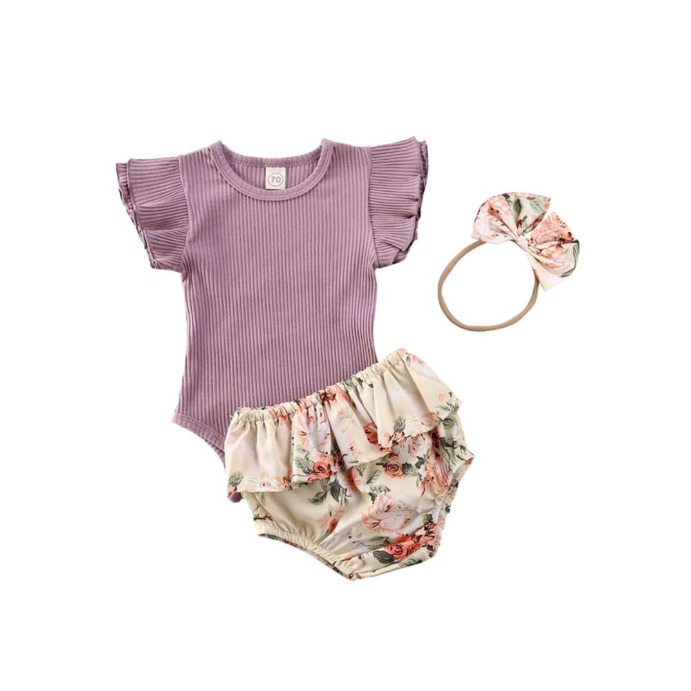 Summer Ruffled Ribbed Bodysuit Floral Shorts Headband 3Pcs Set