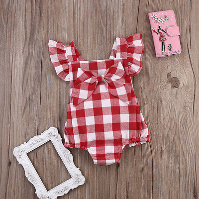 Newborn Baby Girl Red Plaid Romper