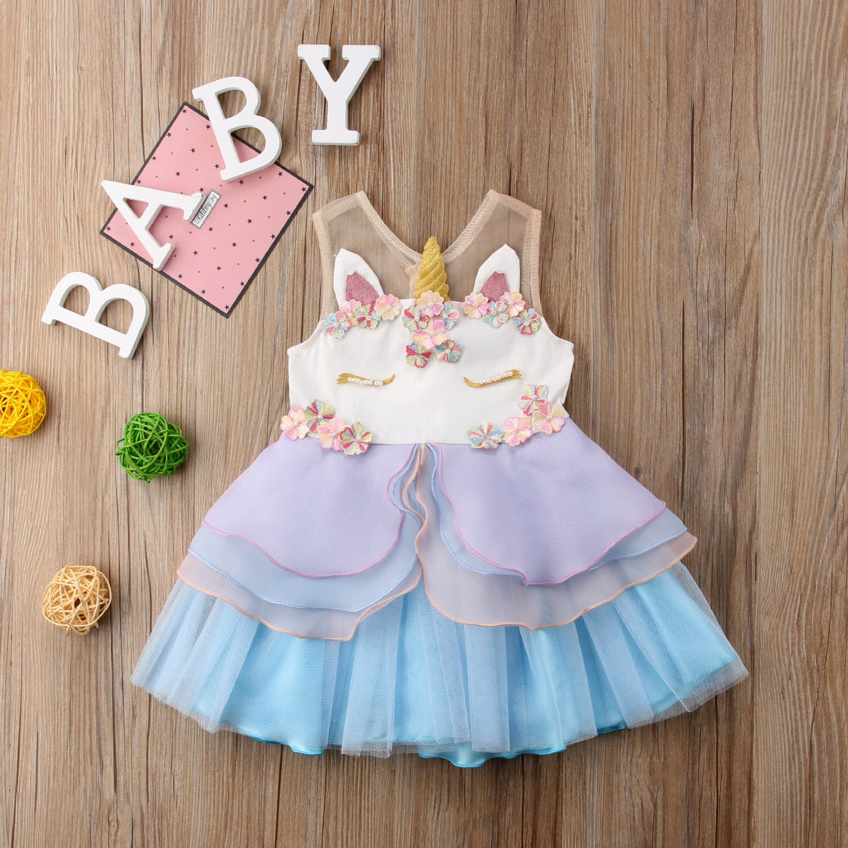 Cute Baby Girl Sleeveless Unicorn Ruffle Dress