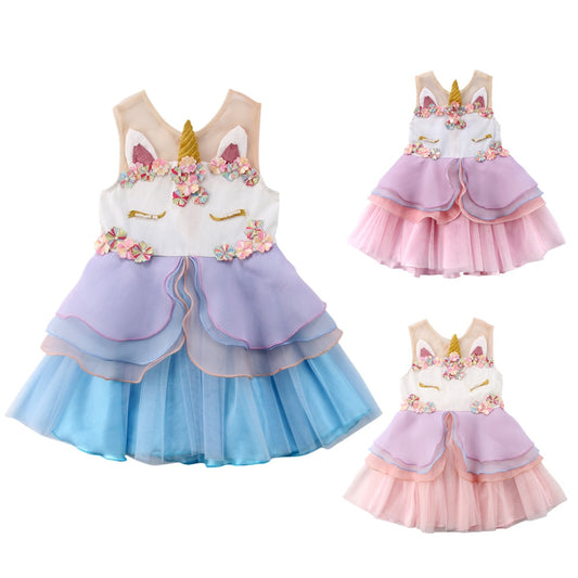 Cute Baby Girl Sleeveless Unicorn Ruffle Dress