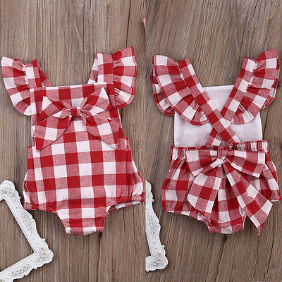 Newborn Baby Girl Red Plaid Romper