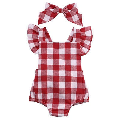 Newborn Baby Girl Red Plaid Romper