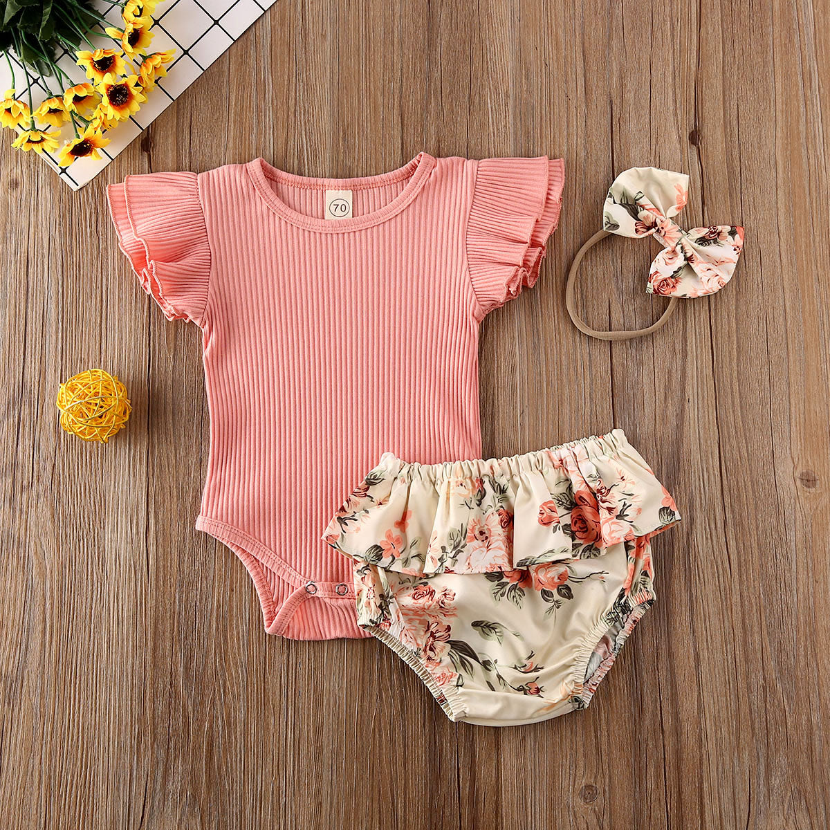 Summer Ruffled Ribbed Bodysuit Floral Shorts Headband 3Pcs Set