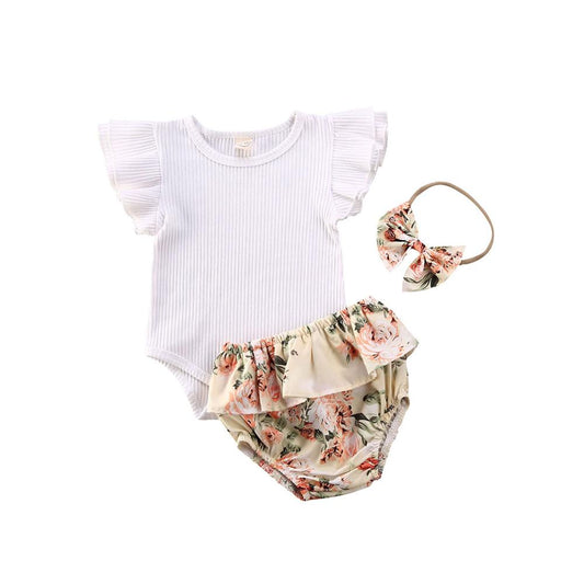 Summer Ruffled Ribbed Bodysuit Floral Shorts Headband 3Pcs Set