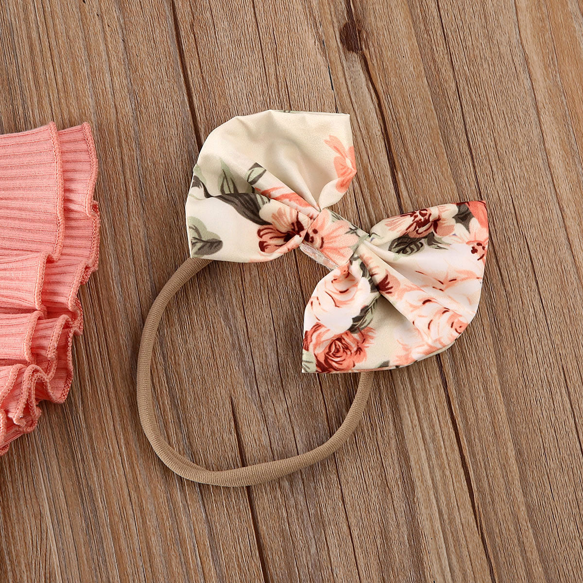 Summer Ruffled Ribbed Bodysuit Floral Shorts Headband 3Pcs Set